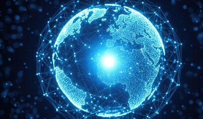 Blue interconnected globe with a bright central light representing global communication