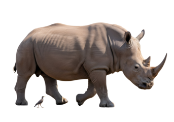 A large, light gray rhinoceros, walking, dominates the image against a black background; a small bird is seen walking alongside it.