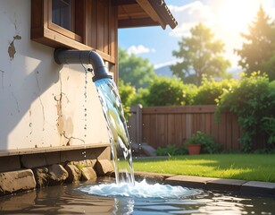 Water cascades from a rustic pipe into a tranquil garden pond, bathed in the soft sunlight of a summer day.  A charming outdoor scene with a serene atmosphere.