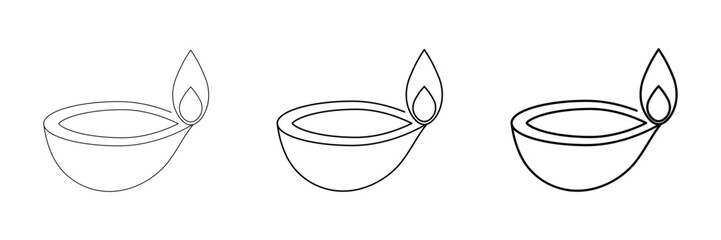 Diya line icon collection Indian festive flame minimal vector illustration outline art traditional lamp set decor isolated element classic.