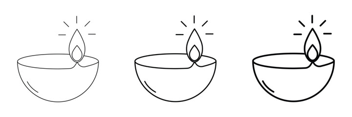 Diya outline icon set festive Indian lamp spiritual minimal vector illustration collection holiday decorative isolated symbol artwork.