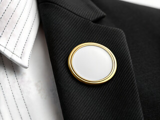 Blank enamel lapel pin mockup with gold border on black blazer for custom design