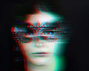 Portrait of a woman in a carnival masquerade mask with rgb shift glitch effect in closeup