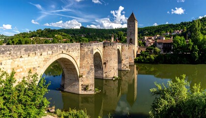 A picturesque stone bridge spans a calm river, reflecting the vibrant sky and surrounding hills, showcasing the peaceful beauty of a European village.