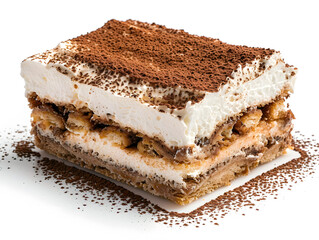 traditional italian tiramisu dessert slice with cocoa powder and cream