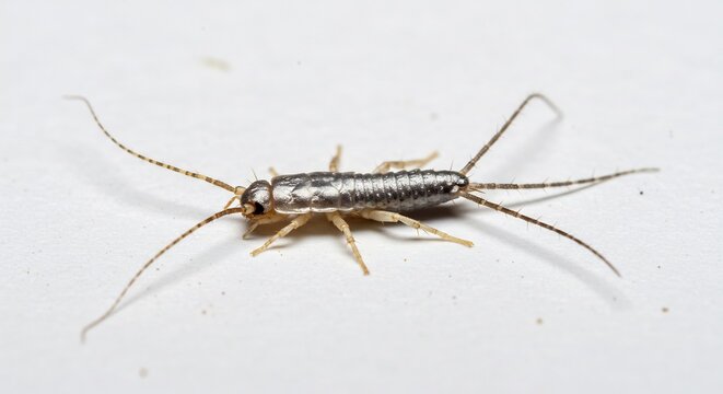 Peque�o insecto plateado se mueve lentamente sobre fondo blanco luz natural. AI Generated