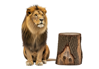 A majestic lion sits regal on a dark backdrop alongside a weathered tree stump.