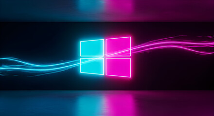 Neon windows logo with light trails in a dark room, creating a futuristic and modern atmosphere