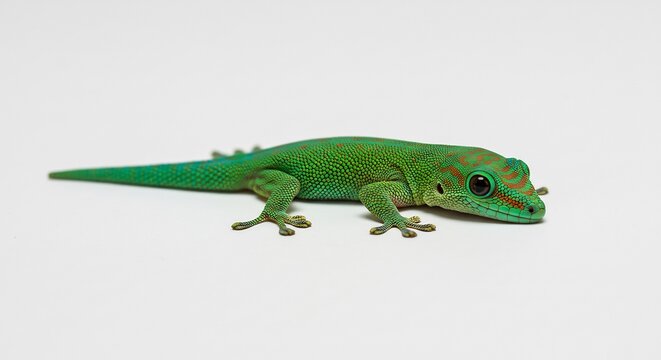 Gecko verde brillante posa suavemente sobre fondo blanco luz difusa. AI Generated