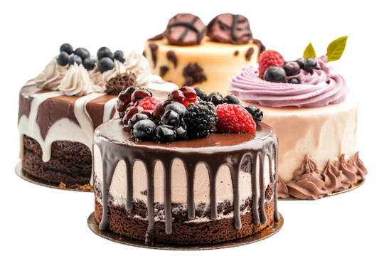 Different decorated birthday cakes isolated on transparent background