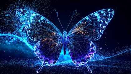 An ethereal butterfly, its wings glowing with blue and purple light, surrounded by sparkling particles against a dark background