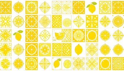 A vibrant repeating pattern of lemon-themed decorative tiles in a bright yellow hue against a white background.