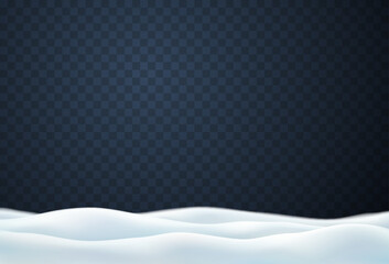Snow drifts landscape isolated on transparent background. Christmas border with frozen hills and snowdrifts. Vector 3d snowbanks cover winter field