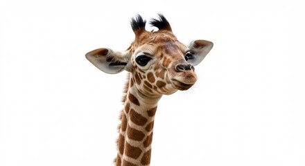 Jirafa beb� adorable mira curioso fondo blanco luz suave. AI Generated