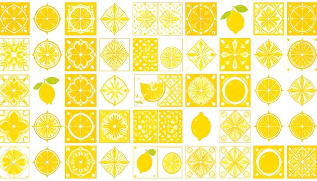 A vibrant repeating pattern of lemon-themed decorative tiles in a bright yellow hue against a white background.