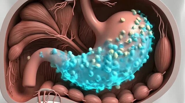Stomach Digestion Animation: Gastric Acid Breaking Down Particles