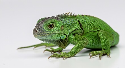 Fototapeta premium Iguana verde posada luz suave fondo blanco estudio. AI Generated