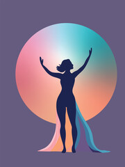 Silhouette of a woman with raised arms, surrounded by a glowing gradient circle and flowing colorful shapes, symbolizing strength, creativity, and spiritual energy.