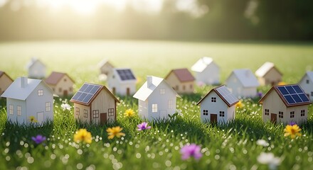 A bright scene of small homes with solar panels on a lush green field, representing ecological innovation, sustainable lifestyles, and modern housing. Great for real estate promotion and clean energy 