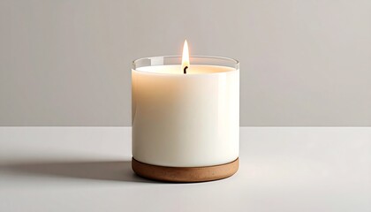 A single candle on a light brown stand