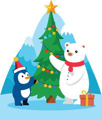 Cute penguin and polar bear decorating a christmas tree