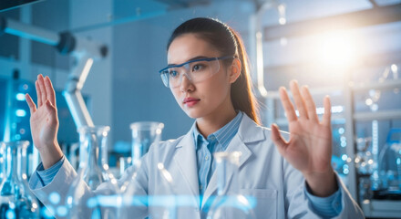 Fototapeta premium Asian female scientist working with virtual interfaces in a futuristic lab. Researcher in safety glasses interacting with advanced technology.