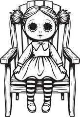A sketch of a little girl sitting on a chair, with a dress, vector illustration of a cartoon child's face, a black silhouette of a lady model, and a drawing of her hair, for fashion and beauty design 