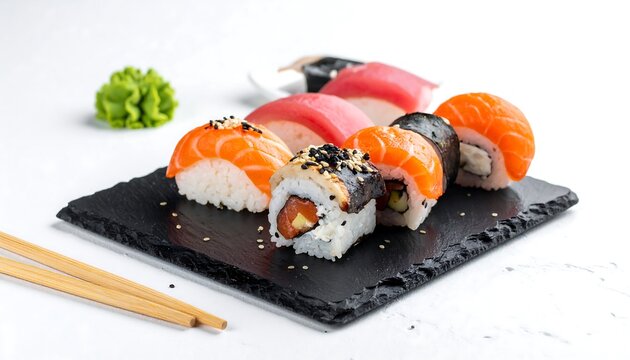 Assorted sushi rolls displayed on a dark slate plate, featuring salmon, tuna, and other fillings.