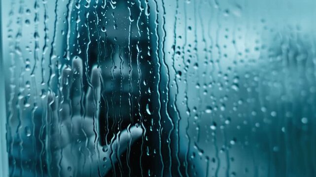 Hand pressed against a foggy glass pane, revealing a figure behind, as raindrops cascade down, capturing a moment of longing and melancholy in an autumn scene