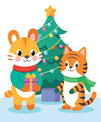 Cute tigers celebrating christmas together with a decorated tree and gifts