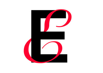 Capital letter with double typographic style, black sans serif font and red script font, letter E