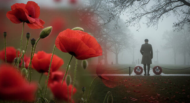 Remembering the fallen at a misty cemetery. Composite image with red poppies and a lone figure at war graves. Remembrance Day, Poppy Day, Veterans Day, Memorial Day