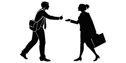 Business handshake silhouette of man and woman greeting each other with briefcases in professional setting
