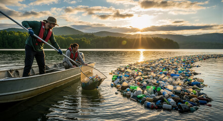 Volunteers in a boat cleaning a massive plastic bottle slick from a lake at sunset. Large-scale water pollution cleanup.