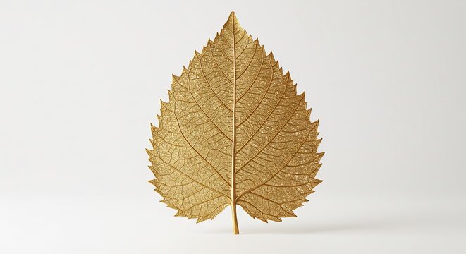 Hoja dorada brilla suavemente luz difusa fondo blanco elegante. AI Generated