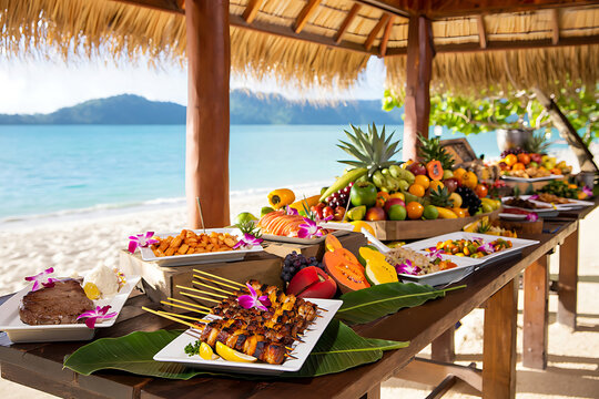 Luxurious Beachfront Buffet with Tropical Fruits and Grilled Skewers Offering an Exquisite Dining Experience