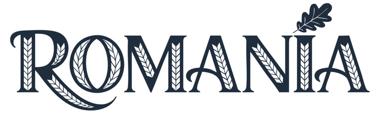 Romania Typography Vector with Traditional Folk Wreath Motif and Oak Leaf, Elegant Ethnic Design for Posters and Souvenirs
