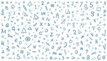 A vibrant, playful pattern of light blue handwritten math and alphabet symbols, expertly arranged on a white background, creating a whimsical and educational atmosphere.
