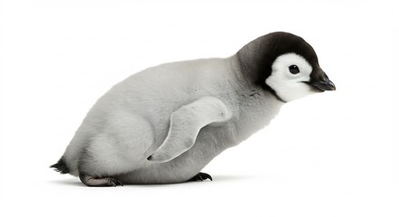 Polluelo pinguino adorable posado suavemente sobre fondo blanco luz brillante. AI Generated