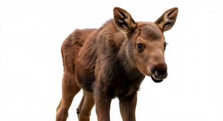 Fototapeta premium Tierno cervatillo joven mira directamente a la camara fondo blanco luz suave. AI Generated