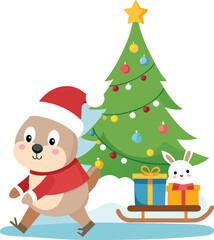Cute cartoon animal with christmas tree and presents on a sled
