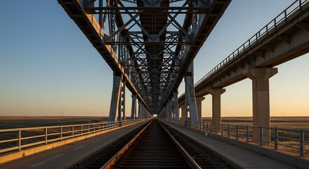 Fototapeta premium Puente ferroviario extenso se extiende bajo cielo anaranjado atardecer. AI Generated