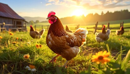 A group of hens forage in a sun-drenched meadow, a rustic wooden barn providing a tranquil backdrop.