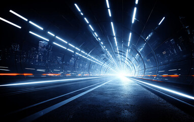 Obraz premium Futuristic tunnel with glowing lights and cityscape in the background