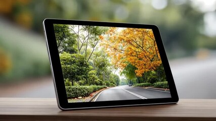 Capturing autumn colors with a tablet showing a scenic road lined with trees during a quiet afternoon in a lush urban park