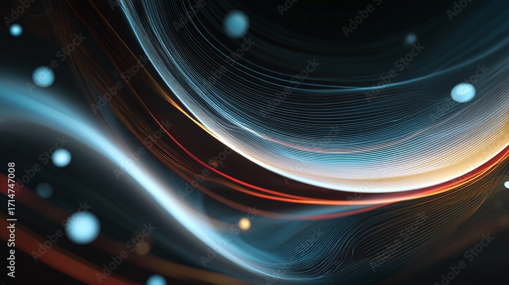 Aufkleber abstract glowing network with layered curves of light and scattered floating spheres against a dark 