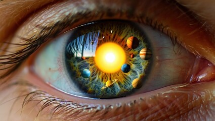 Macro shot of human eye showing solar system and planets