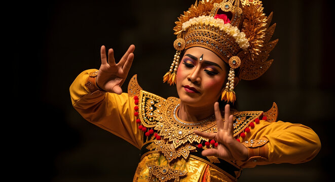 A Balinese dancer in elaborate costume performs a traditional dance gracefully.