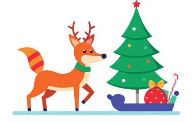 Cute fox with antlers and christmas tree in snowy landscape