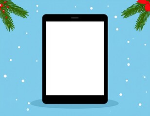 Tablet on blue background with winter decorations